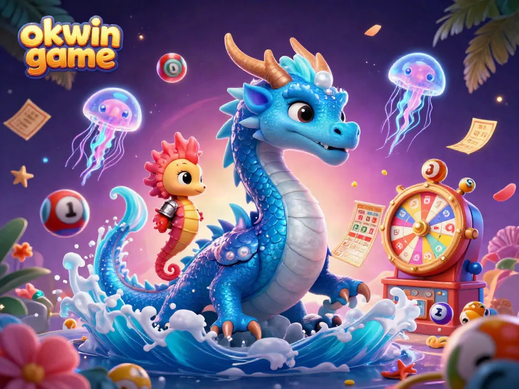 Engage with the thrilling okwin game featuring a vibrant underwater dragon scene enriched with neon jellyfish and colorful lottery elements.