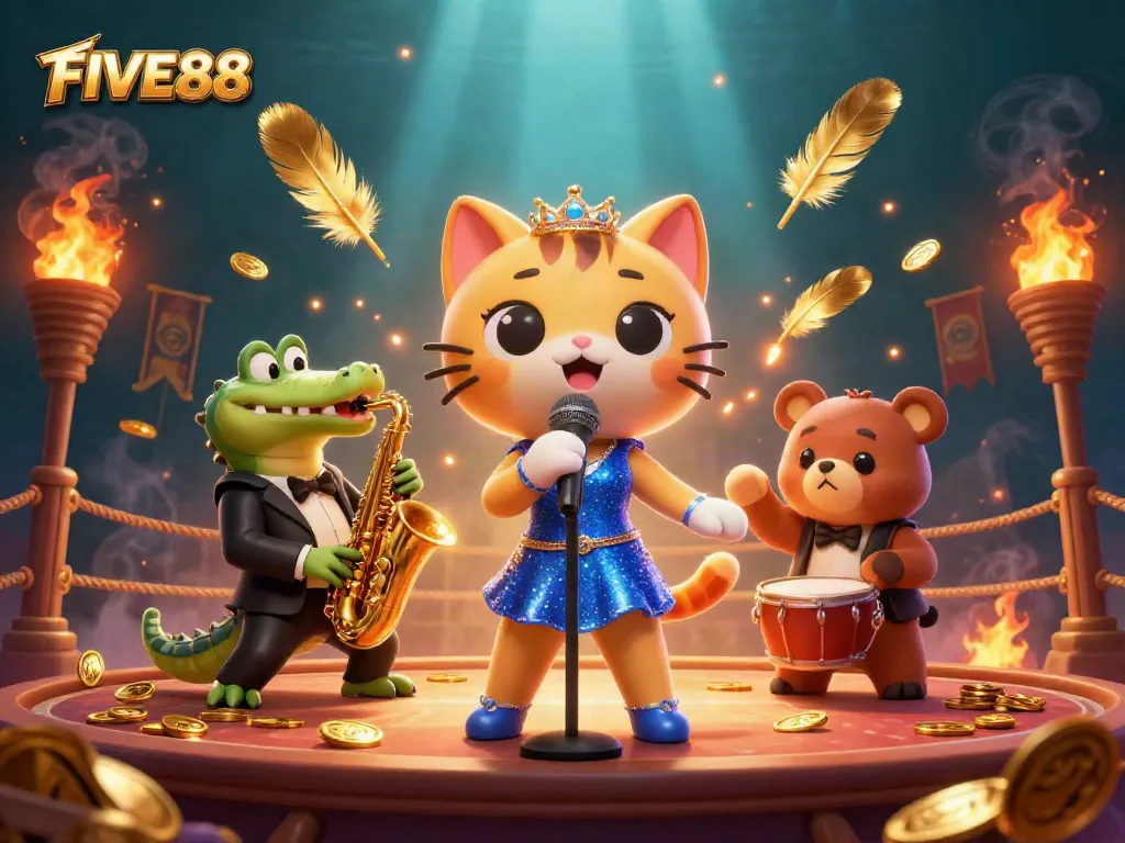 Experience the excitement of FIVE88 casino with lively 3D characters in a vibrant gambling scene.