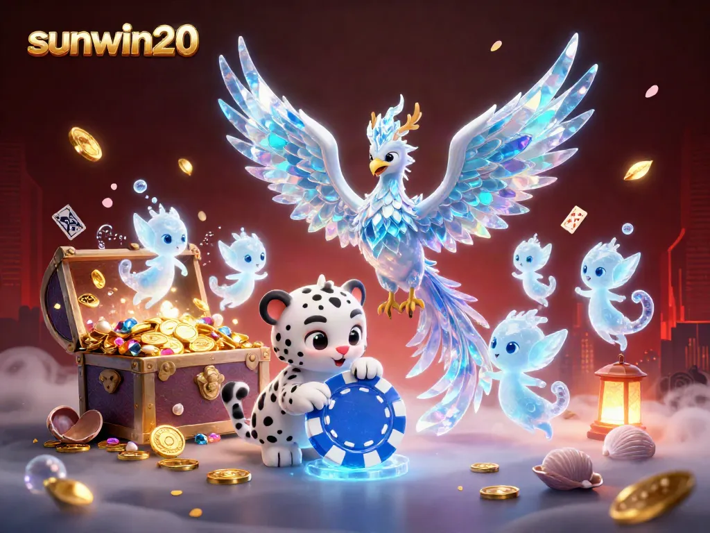 Engage with the dynamic casino world of sunwin20, featuring a mystical ice phoenix and glowing game elements.