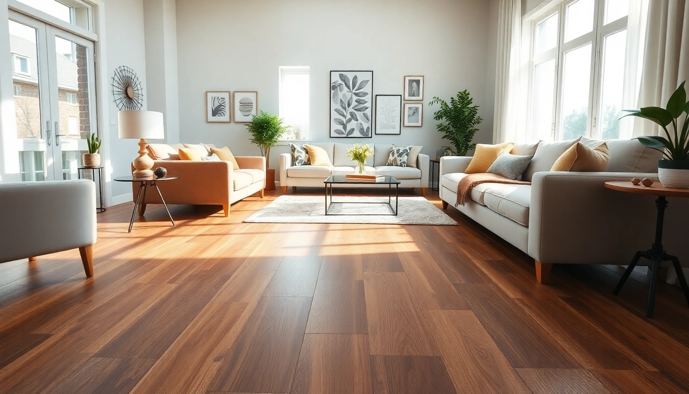 Explore luxury with walnut waterproof vinyl flooring near me showcased in a bright living room setting.