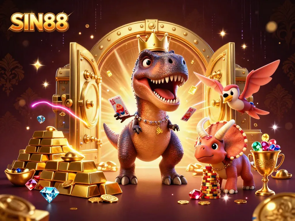 SIN88 showcases a lively T-Rex shuffling cards as a pterodactyl assists, surrounded by treasure and casino gems.