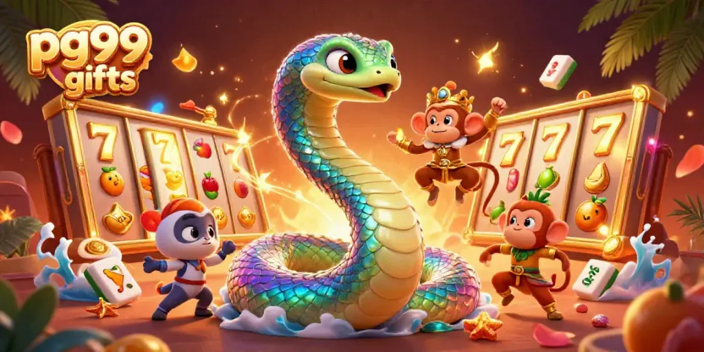 Experience thrilling pg99 gifts with vibrant slots and colorful characters in an immersive casino setting.