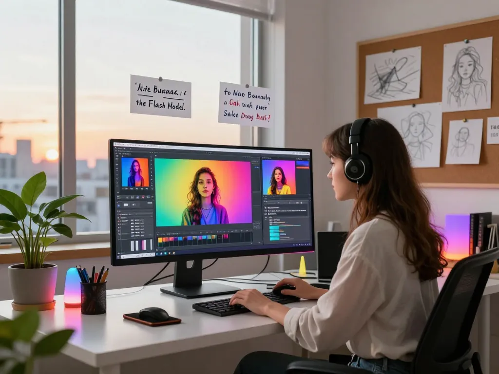 AI image editing in action with nano banana flash features on vibrant screens in a creative workspace