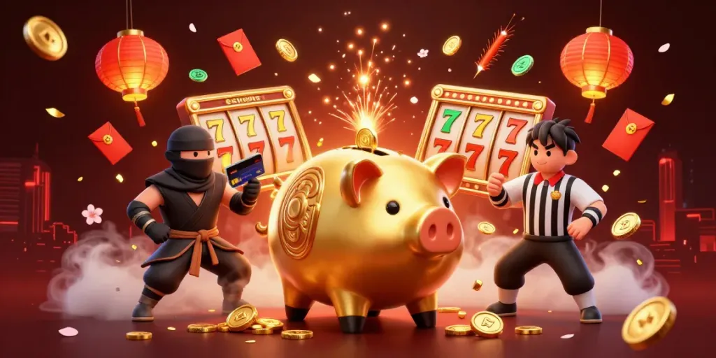 Experience the excitement of sunwins with dynamic slot game elements around piggy bank characters.