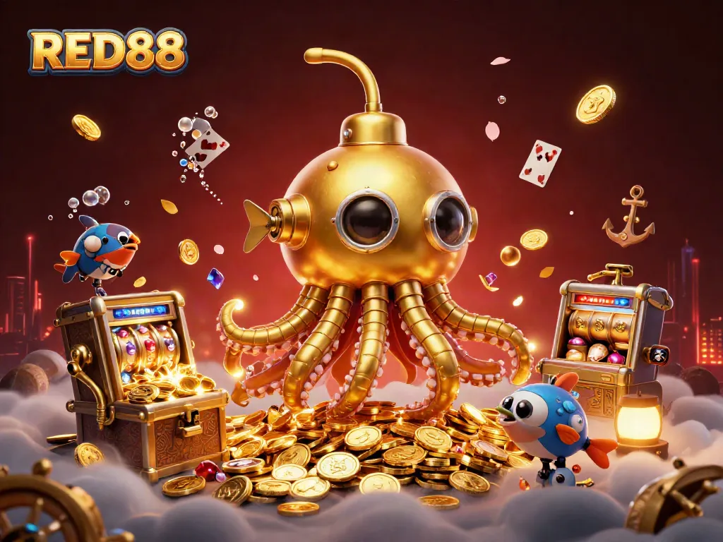 Experience the excitement of RED88 as a golden kraken submarine surfaces through coins and slots.