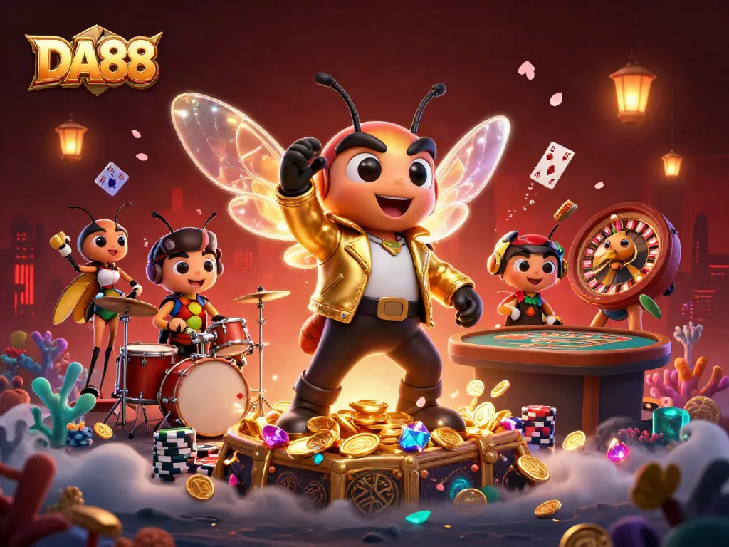 Engage with DA88's lively casino scene, showcasing vibrant characters and game elements.