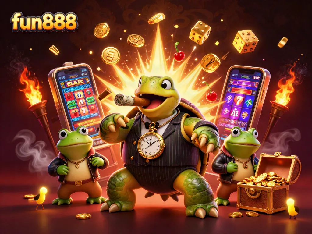 Spin the reels with fun888's vibrant casino scene showcasing animated characters and exciting game elements.