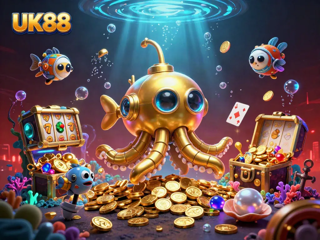 Experience thrilling gameplay with UK88 in this vibrant 3D casino illustration featuring dynamic slot machines.