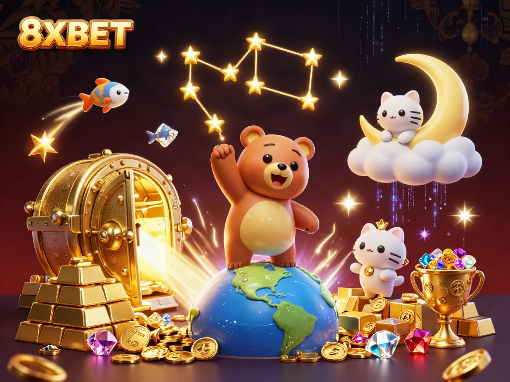 Experience winning with immersive 8XBET gambling visuals in a vibrant 3D illustration.