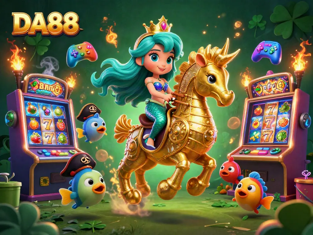 Win big with DA88 slots featuring a mermaid, seahorse, and vibrant casino elements.