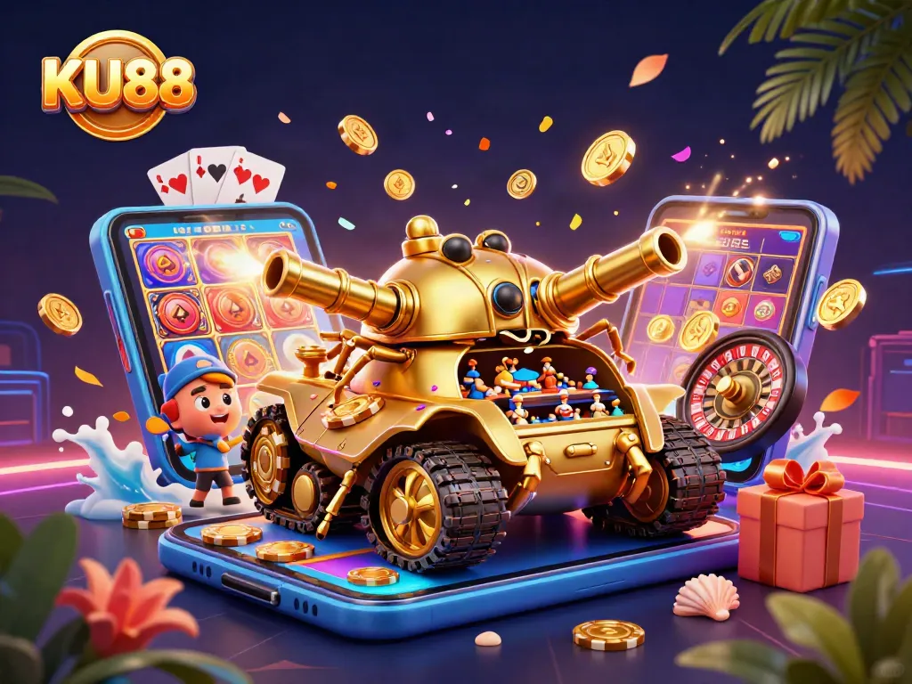 Spin and win with KU88's vibrant casino features and slots inside a golden beetle tank.