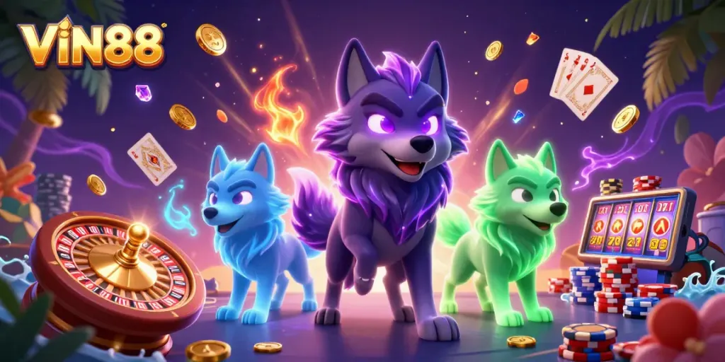 Experience thrilling gameplay with VIN88, showcasing vibrant casino elements and ghostly wolves.
