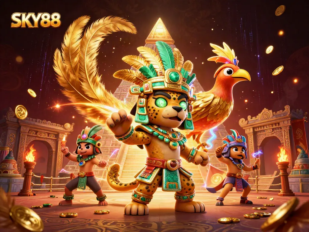 SKY88 engaging game scene with a Mayan priest, quetzal bird, and pyramid set in a casino context.