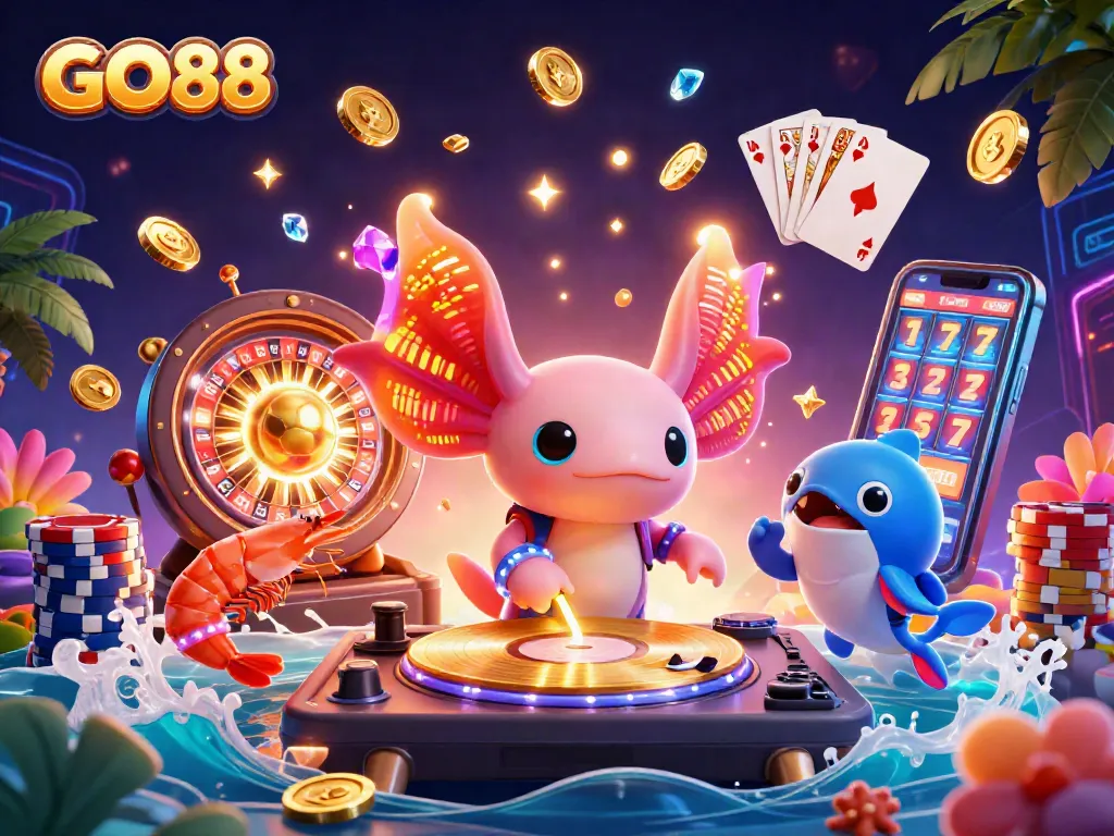 Engage with GO88's vibrant casino experience amidst colorful characters and dynamic game elements.