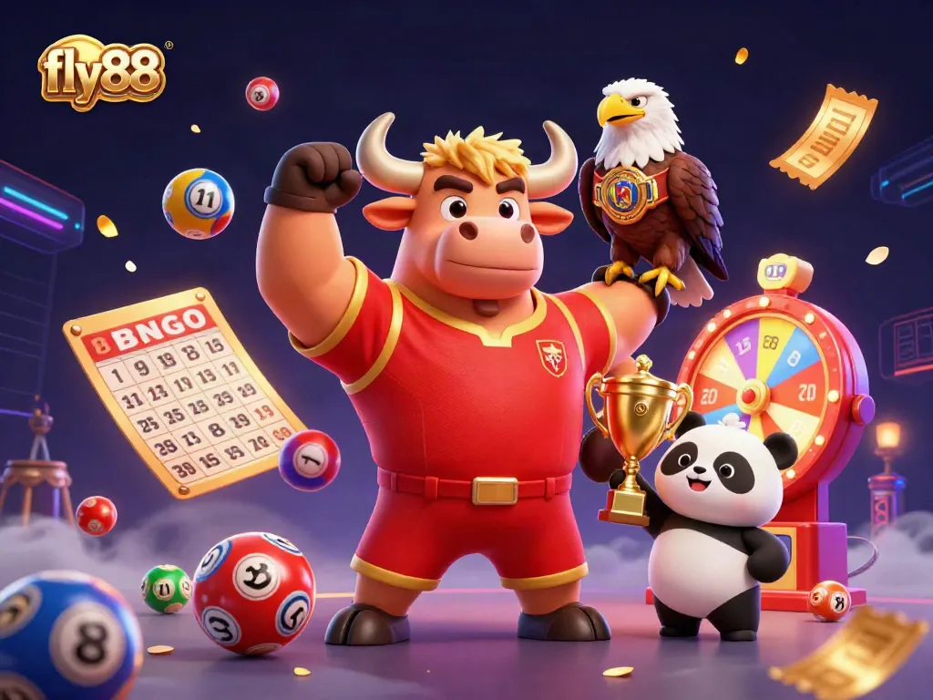 Experience the excitement of fly88 with a vibrant 3D casino scene featuring a bull mascot, eagle, and panda.