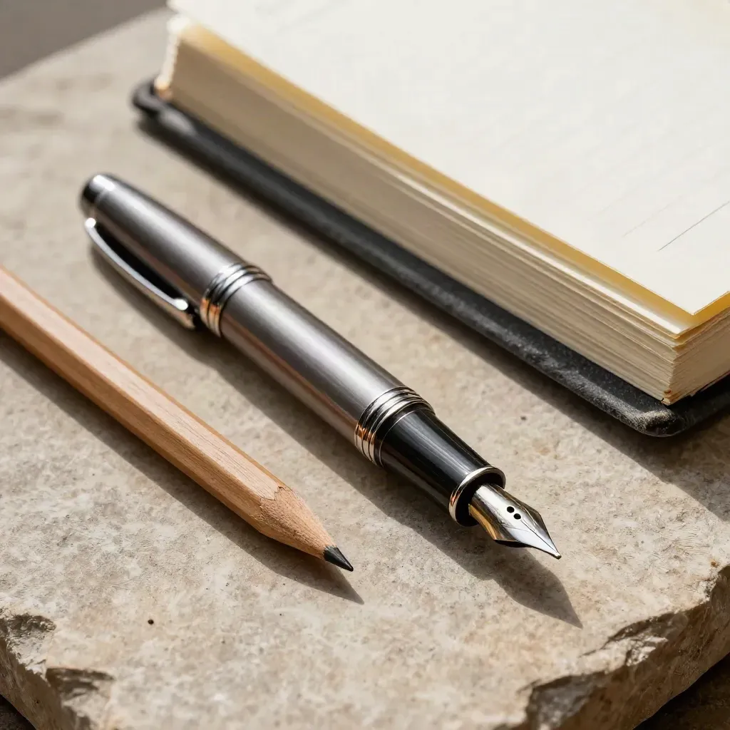 Fountain pen, pencil, notebook and slate tabs on warm stone, lit from above in a tight diagonal crop.