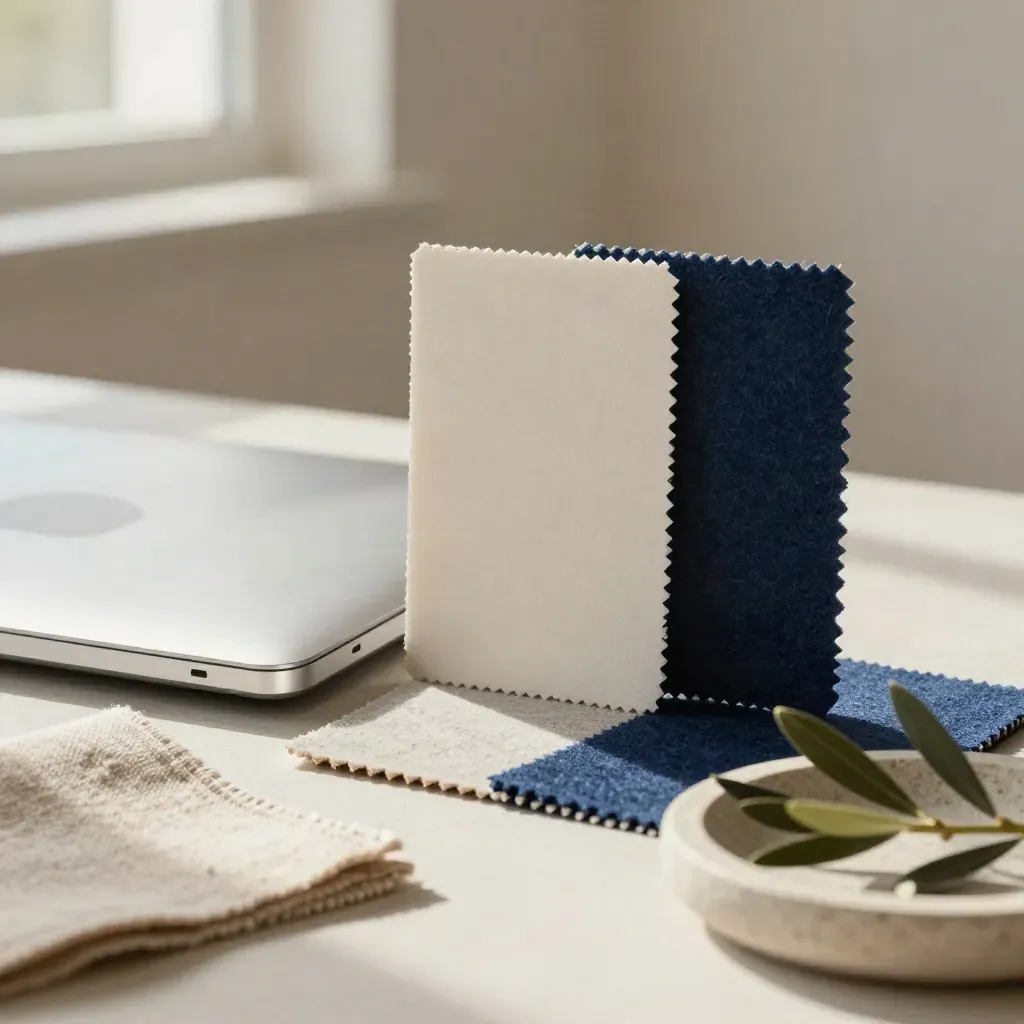 Silver laptop, mockup board, fabric swatches and olive branch on a stone tray in warm daylight.