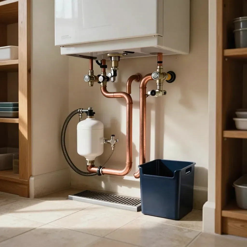 Spotless utility room with copper pipes, boiler, hoses and warm light.