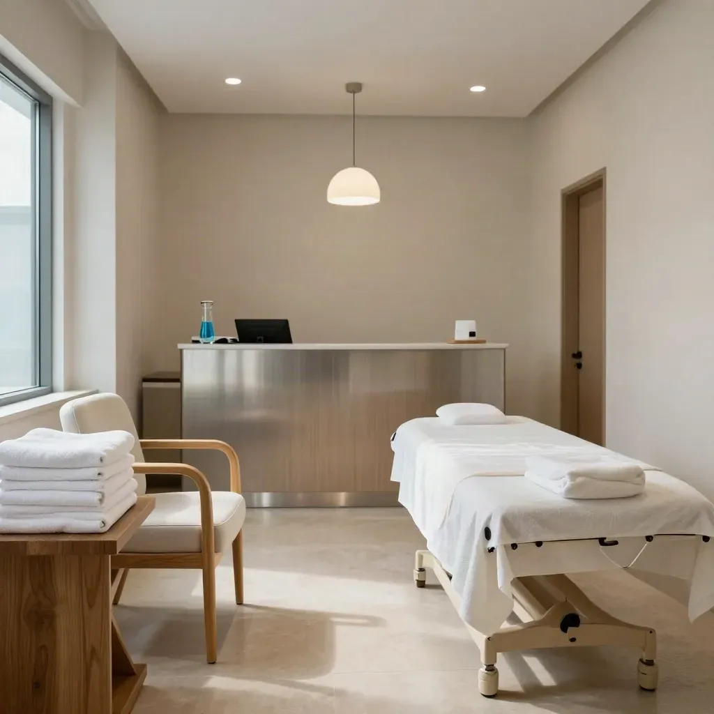 Empty physio reception with towels, chairs, treatment table and soft daylight