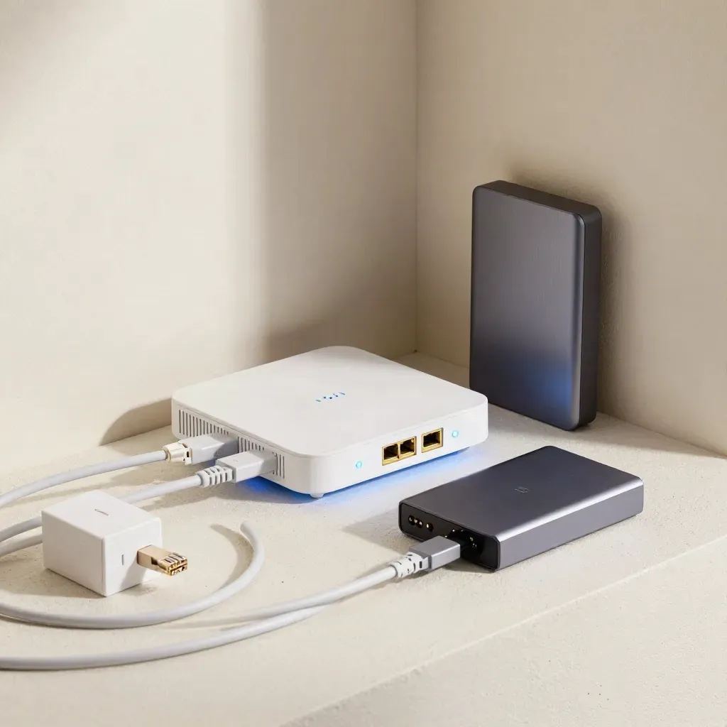 Modem, ethernet cable, backup drive and adapters in a bright launch-ready corner.