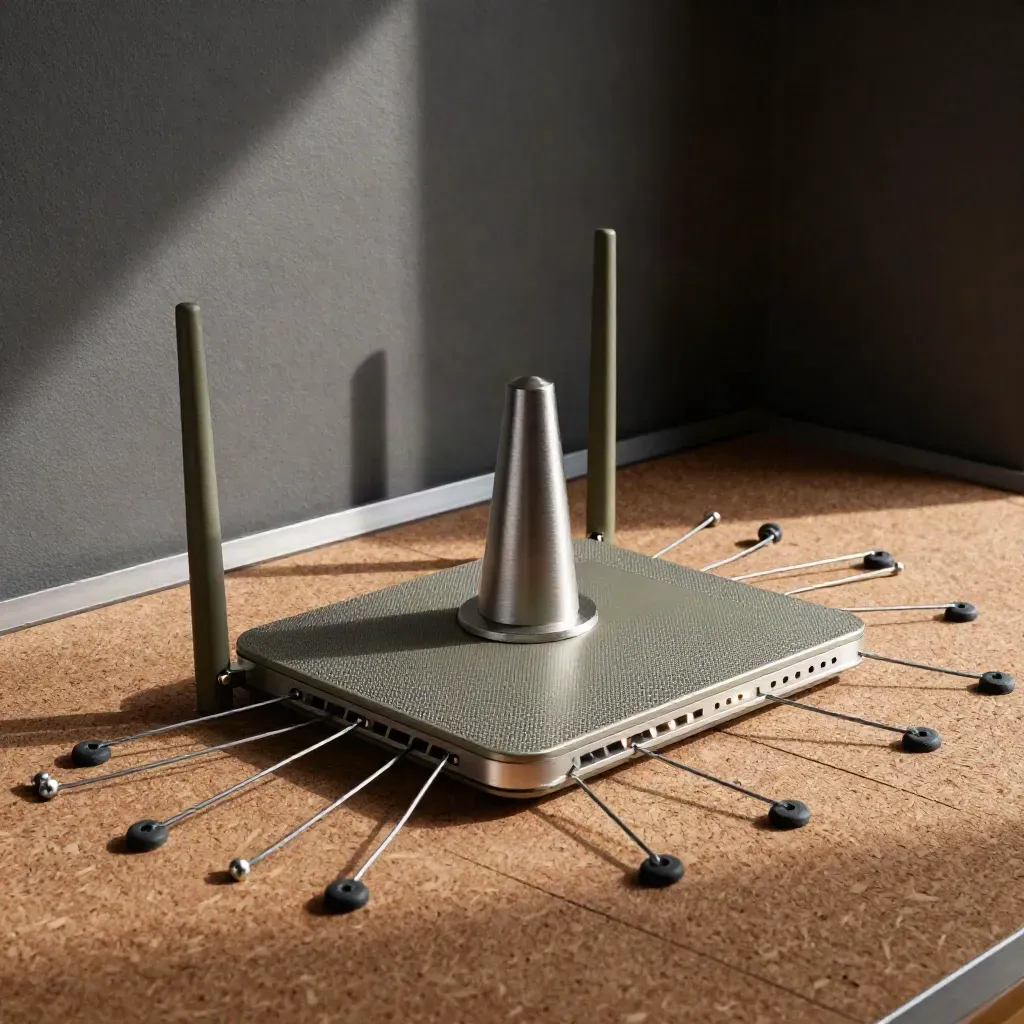 SEO setup still life with router, beacon sculpture, metal links and a dark cork grid