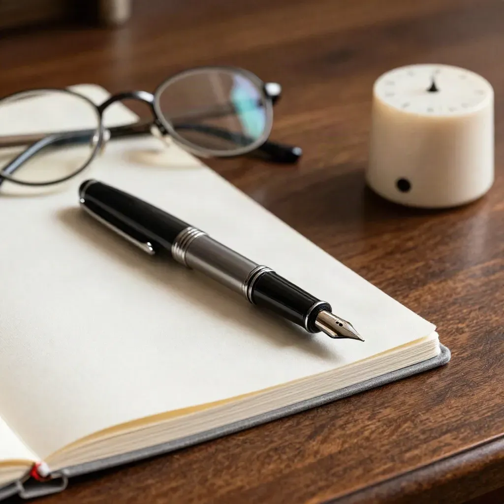 Fountain pen, closed notebook, glasses and timer on a walnut desk in dramatic side light