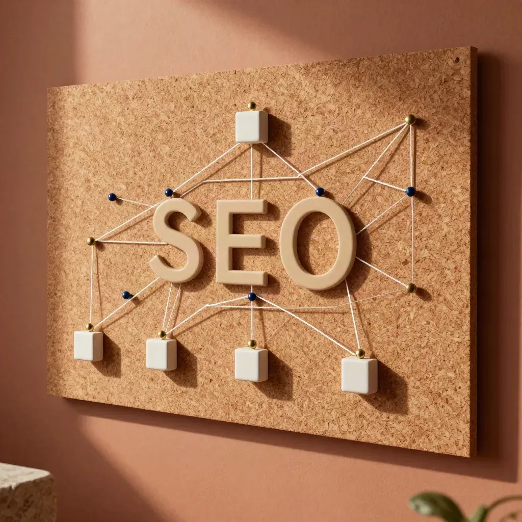Cork board sitemap with brass pins, taut string, ceramic blocks and tiny LEDs in soft daylight.