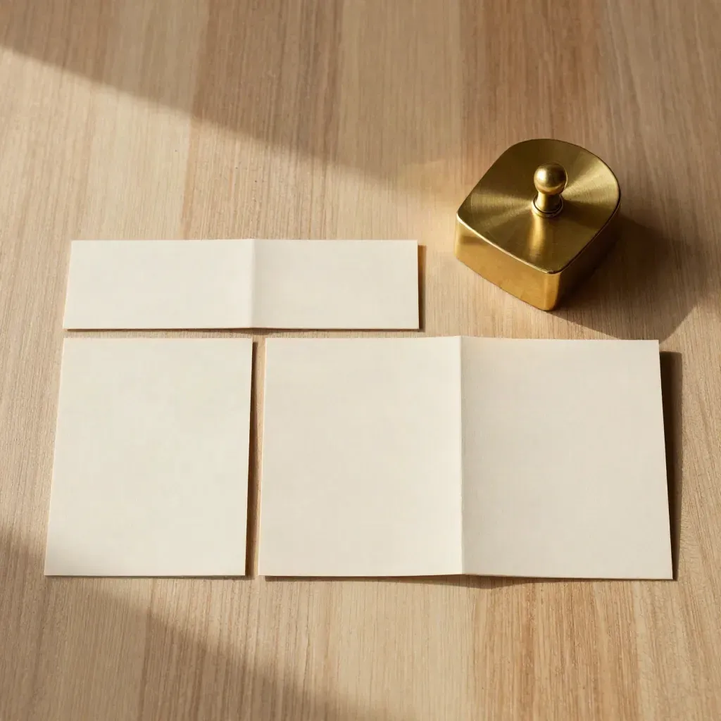 Brass paperweight with cream page cards and folded sitemap token on pale oak
