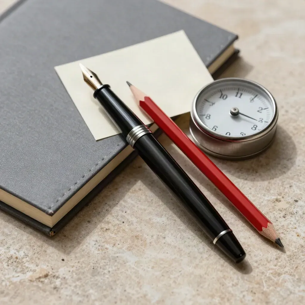 Pen, pencil, notebook and timer arranged on warm stone in a clean editorial still life.