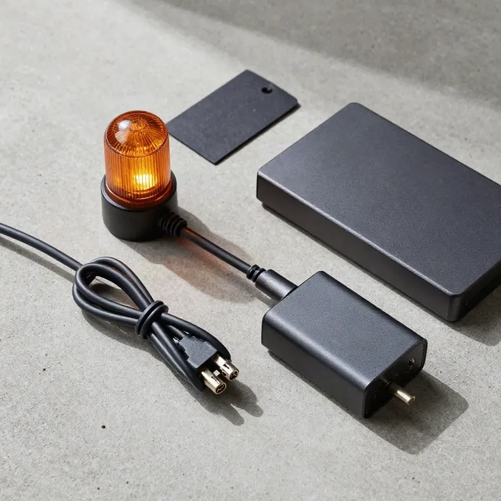 Overhead launch bundle with ethernet coil, backup drive, adapter, and amber status light on concrete.