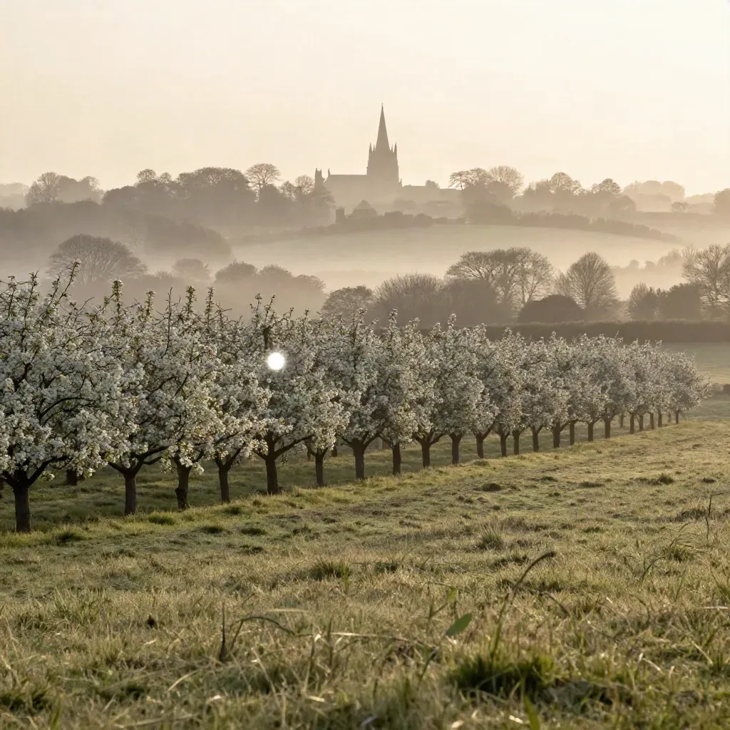 Kent orchards in morning fog with a distant cathedral silhouette above quiet hedgerows