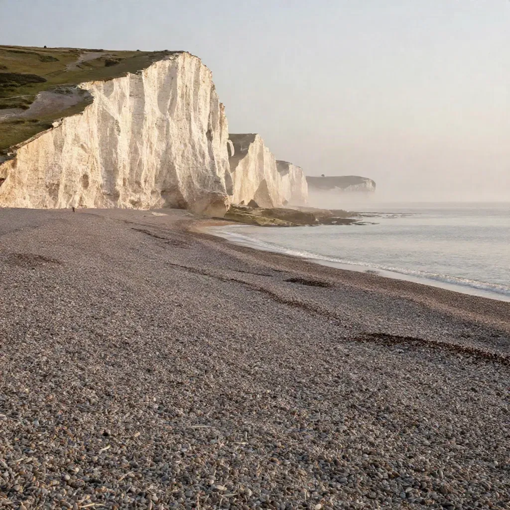 White chalk cliffs above a misty shingle shore with a dusk foam line