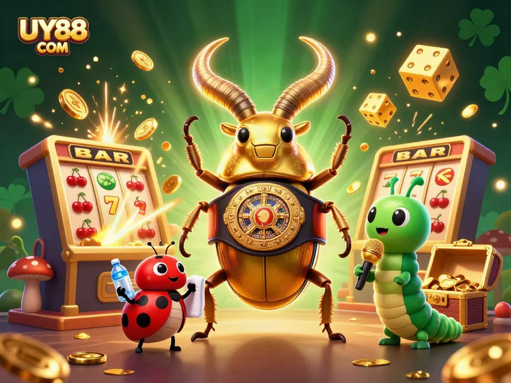 Engage with UY88 COM through an animated casino scene featuring a golden stag beetle boxing champion.