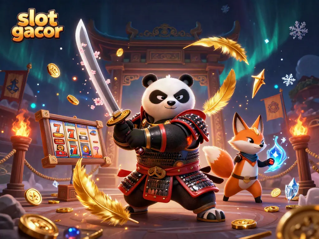 Engage with the vibrant world of slot gacor featuring a fierce panda and ninja fox in a dynamic, casino-themed scene.