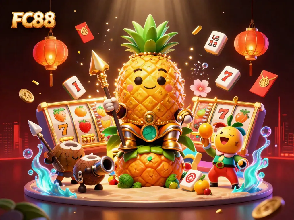 FC88 enthralls players with a vibrant casino scene showcasing a golden pineapple king, slot reels, and festive elements.
