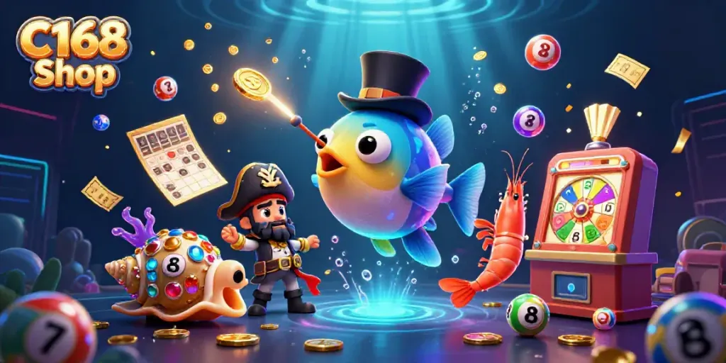 Watch the vibrant 3D scene with the C168 Shop anglerfish and pirate shrimp attracting dynamic lottery elements.