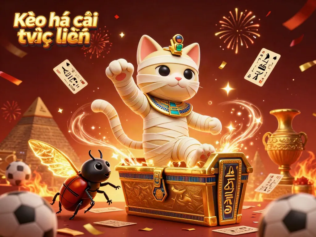 Experience thrilling Kèo nhà cái trực tuyến action with an Egyptian mummy cat and scarab beetle amid glowing casino elements.