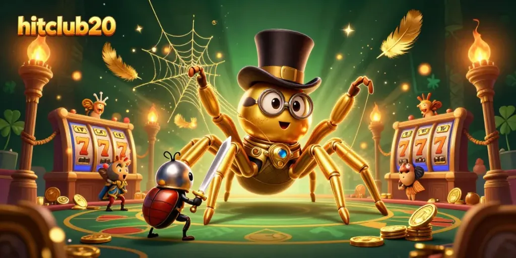 Visually engaging dynamic scene showcasing hitclub20 with a golden tarantula and beetle knight amid casino elements.