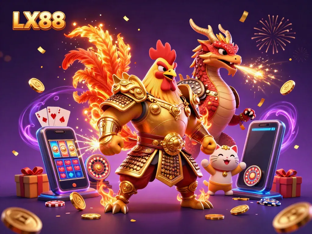 Experience the excitement of LX88 with a dynamic 3D illustration featuring a powerful rooster warrior, dragon hatchling, and symbols of casino games.