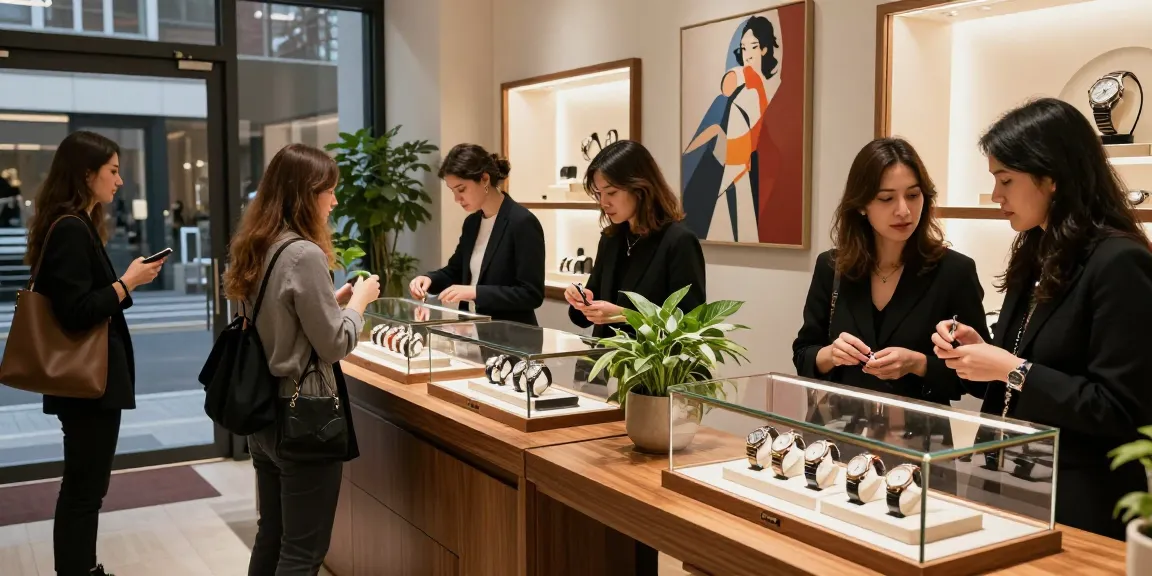 Stylish urban scene featuring customers exploring luxurious clone watches in a jewelry boutique.