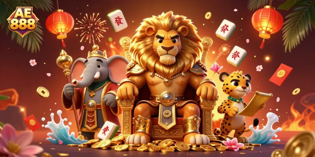 Engage with AE 888's thrilling gaming experience featuring a lion king and vibrant casino elements.
