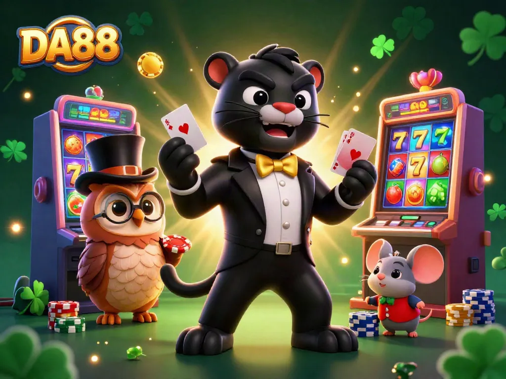 DA88 showcases a stylish black panther dealing cards at a vibrant casino, surrounded by slot machines and poker chips.