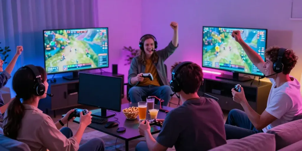 Exciting gaming session highlighting GO88 gameplay with friends in a vibrant living room.
