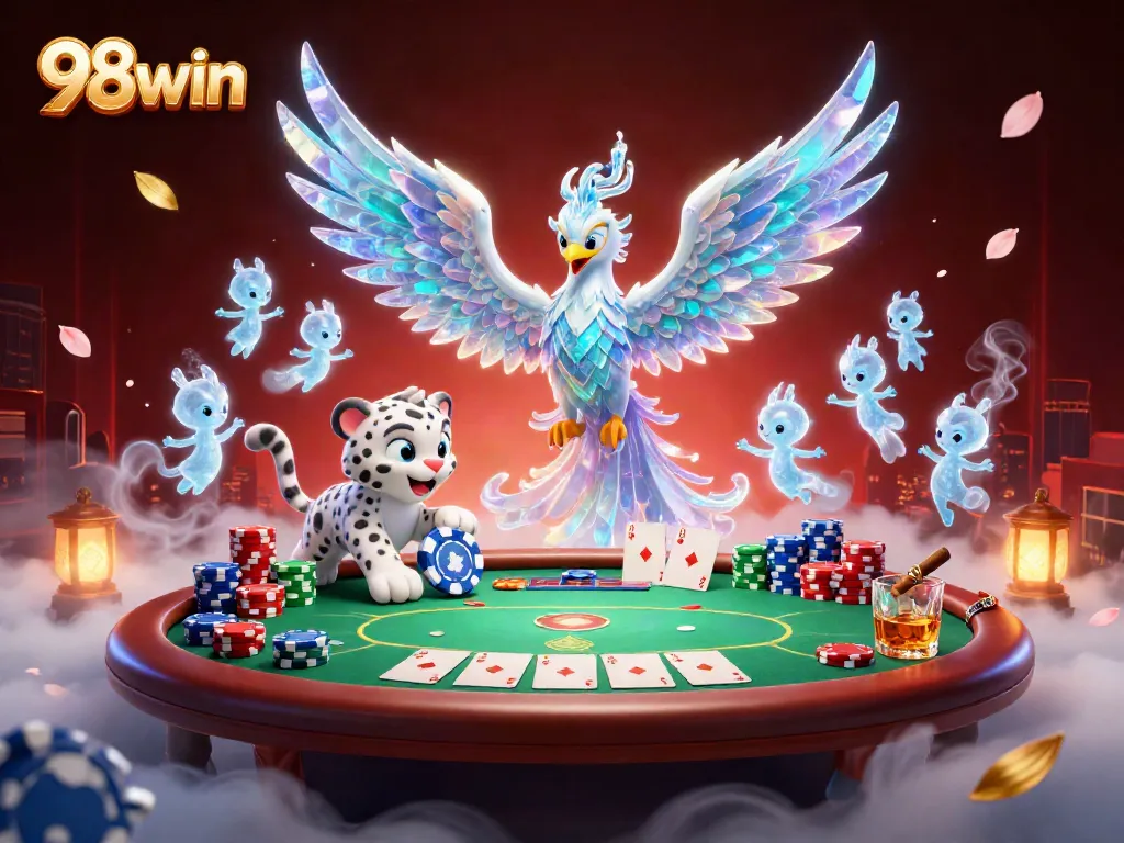 Engage in thrilling baccarat action with 98win's vibrant casino imagery featuring animated characters and table games.