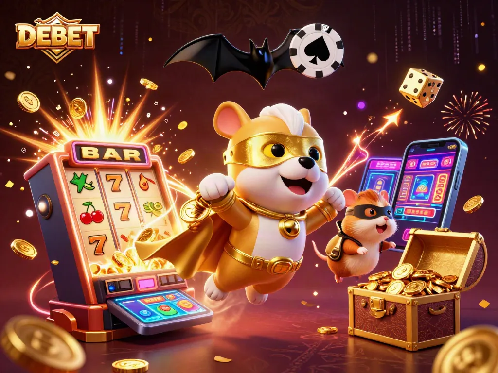 DEBET engages players with a vibrant casino scene featuring a superhero dog and animated gold coins.