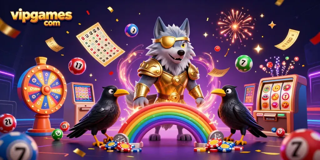 Play exciting games at vipgames com with Odin and mystical elements in this vibrant casino scene.