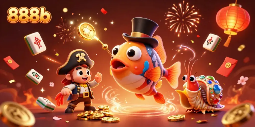 Engage with 888b's thrilling casino universe featuring animated characters celebrating with coins and casino elements.