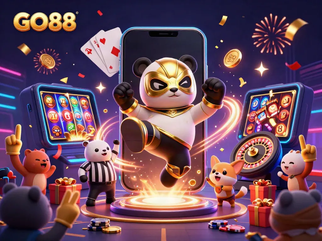 GO88 poker game chaos with animated panda wrestler in action, vibrant casino scene.