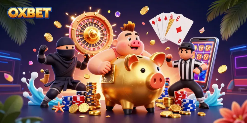 Experience exciting action with OXBET featuring golden coins, dynamic characters, and casino elements.
