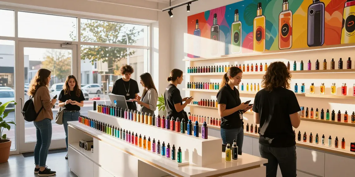 Vibrant vape shop showcasing various rechargeable vape kits and e-liquids, highlighting what replaced disposable vapes.